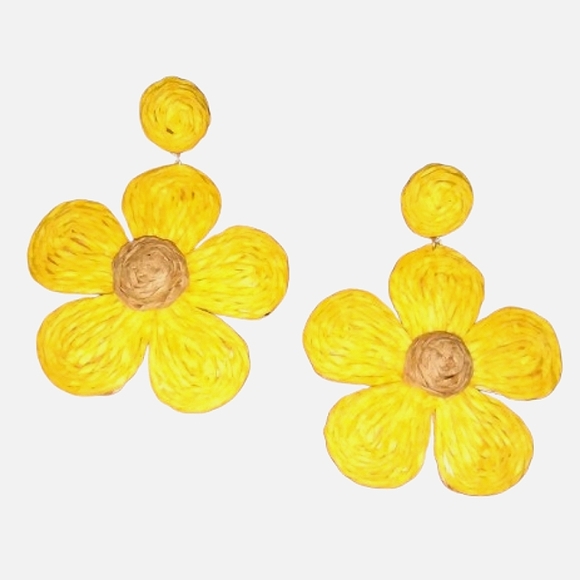 Oversized Yellow Wicker Flower Power Earrings Boho Summer Big Raffia Flowers - Picture 1 of 4